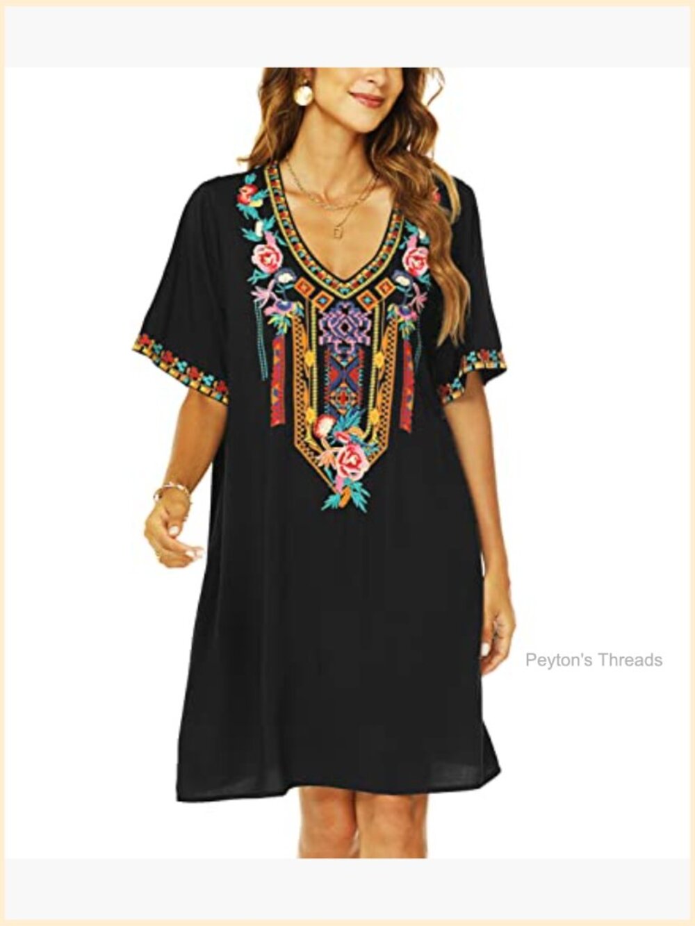 Boho Embroidered Dress V-Neck Short Sleeve Midi Dress Floral Embroidery - Picture 5 of 7